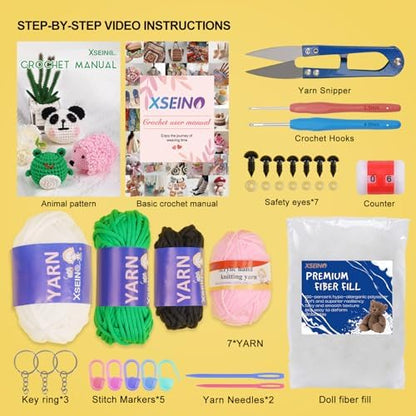 XSEINO Crochet Kit for Beginners - Crochet Start Kit with Step-by-Step Video Tutorials - Learn to Crochet Kits for Adults and Kids - Panda, Frog, Hedgehog - Image 2