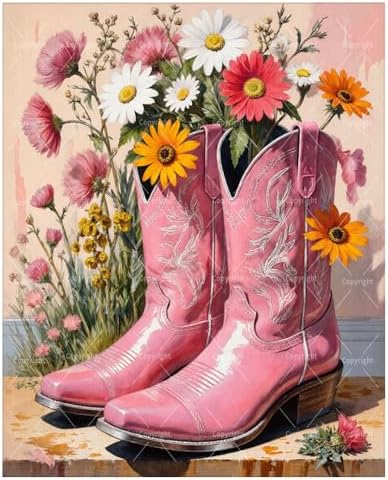 Western Paint By Numbers Kit For Adults - Diy Pink Cowboy Boots With Wildflowers Painting On Canvas 16X20 Inches, Acrylic Paint Set, Suitable For Beginners, Bedroom Wall Decor Or Gifts, Unframed by Unknown