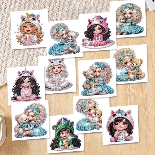 jinglinhh 12pcs Diamond Art Painting Little Girl Bear Greeting Cards with Envelopes, DIY Card Making Kits for Adults, Diamond Art Postcards Christmas Cards Craft Gifts - Image 6