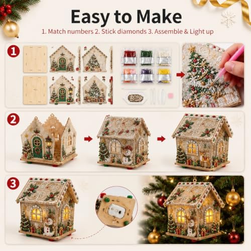 3D Christmas Wooden House Pearl Diamond Painting Kits for Adults, Beginners - Image 3
