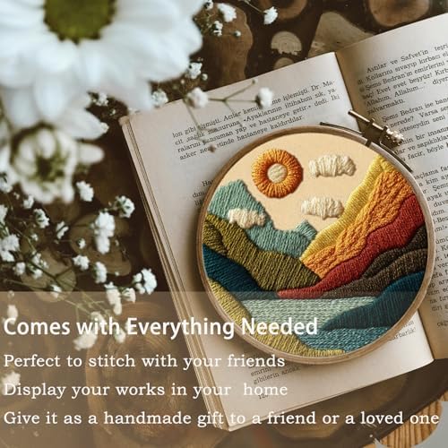 FONNUY Embroidery Kit for Beginners, Textured Vibrant Nature Landscape Pre-Stamped Pattern Kits for Adults with Hoop, Easy to Follow Color Thread Needlework, 8'' Hoop (Green 1) - Image 3