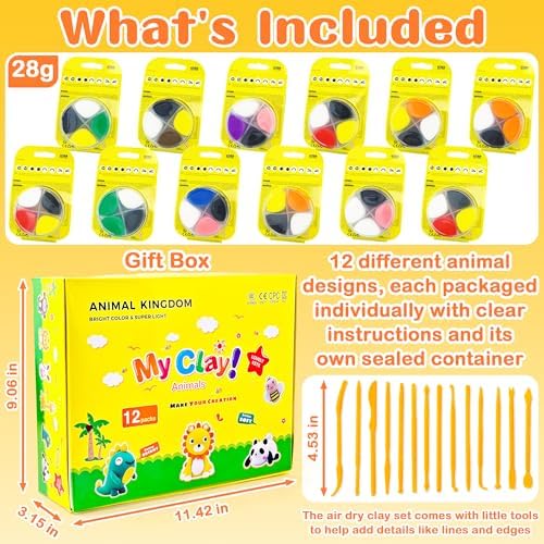 LanMa Air Dry Clay Kit for Kids, 12 Pack Animal Air-Dry Art Kits with Ultra Light & Soft Modeling Clay, Instructions, Sculpting Tools, Christmas Birthday Gifts for Boys Girls - Image 2