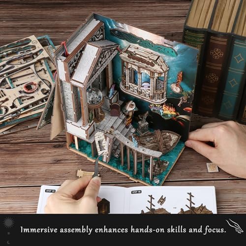 Book Nook, DIY Book Nook Kits for Adults, Ocean Adventure 3D Wooden Puzzle Bookend Bookshelf Insert Decor with LED Light - Image 6