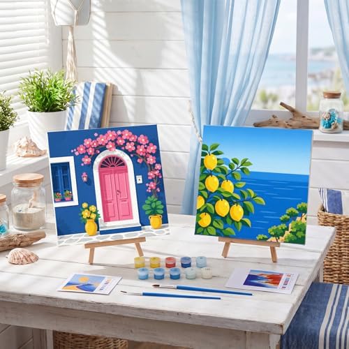 Nezyo 8 Sets 8 x 8 Inch Paint by Numbers Kit for Adult Beginners with Wooden Easels Acrylic Paint by Number Landscape Paintings Kits for DIY Party Home Decor Gift(Town) - Image 5