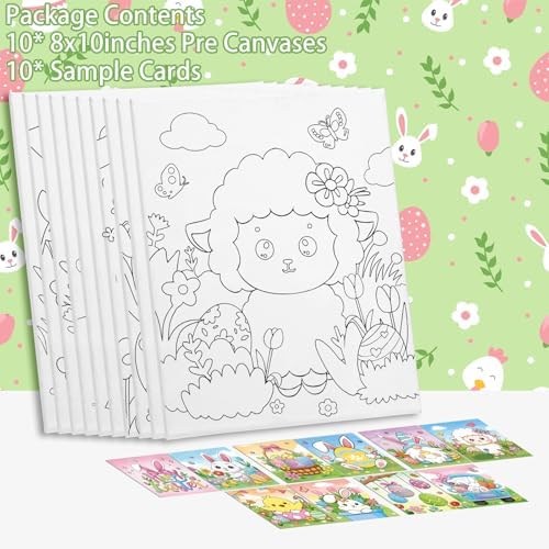 Nuberlic 10Pcs Easter Pre Drawn Canvas to Paint for Kids Girls Boys Painter Teen Adults Happy Easter Bunny Chick Egg Hunt Spring Holiday Painting Kits Pre Stretched Canvas Outline Boards 8x10 inch - Image 3