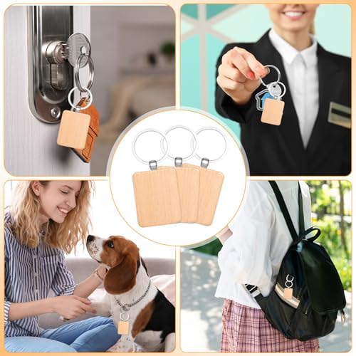 MAQUITA 100 Pcs Wooden Keychain Blanks Wood Key Chains Bulk Laser Engraving Rectangle Keychain Blanks Unfinished Wooden Key Ring Tag for DIY Gift Crafts - Image 7