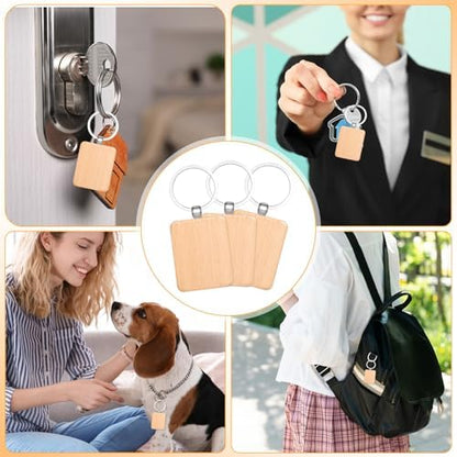 MAQUITA 100 Pcs Wooden Keychain Blanks Wood Key Chains Bulk Laser Engraving Rectangle Keychain Blanks Unfinished Wooden Key Ring Tag for DIY Gift Crafts - Image 7