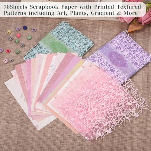 JJUNW 93 Pcs Textured Scrapbook Paper And Mesh Fabric Assorted Set, 78 Sheets Mixed Media Papers With 15 Buttons, 3.9 X 5.5 Inches Textured Paper For Crafts, Scrapbooking, Journaling, Card Making - Image 3