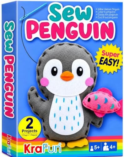 KRAFUN Beginner Sewing Kit, Sew Penguin & Fish, Pre-Cut Felt, Kids Ages 5+ by FunCreativeArtsCraftKits