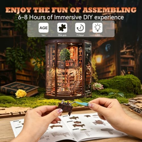 Wisdom Library Book Nook Kit for Adults - 3D Wooden Puzzle with LED Lights, Miniature Dollhouse Bookshelf Decor, Model Building Craft Set, Relaxing DIY Gift for Book Lovers, Teens, and Family - Image 5