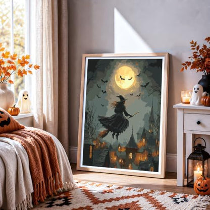 NXIKYO Flying Witch Paint by Numbers Kit for Adults Beginner, Adult Paint by Number Kits on Moon Village Canvas, DIY Acrylic Oil Easy Painting by Numbers for Home Wall Decor 16x20 inch (Without Frame) - Image 3