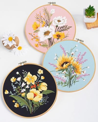 Santune 3 Pack Flower Embroidery Kit for Beginners Adults Cross Stitch Needlepoint Kits Hand Craft with Plant Patterns,3 Instructions,1 Hoop,Threads and 6 Needles - Image 2