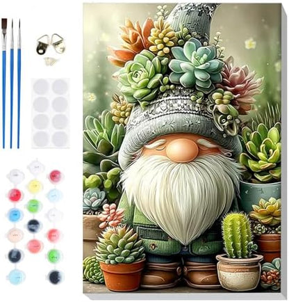 Bowetile Framed Paint by Numbers Gnome Kit for Adults, Adults' Paint-by-Number Kits on Canvas, Painting by Numbers Succulents, DIY Acrylic Number Painting for Home Wall Decor, 8x12in by BOWETILE