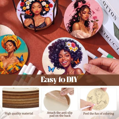 Reallnaive 45 Pcs Wooden Coasters Painting Set with Markers 4 Inch Boho Drink Coaster Gift Arts and Crafts DIY Kit for Adults, Women, Hobby, Ornament Home Apartment Decor (Character) - Image 3