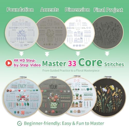 ETSPIL Embroidery Kit for Adults, 2 Hoops, 4K Slow-Mo, Pre-Printed Patterns - Image 4