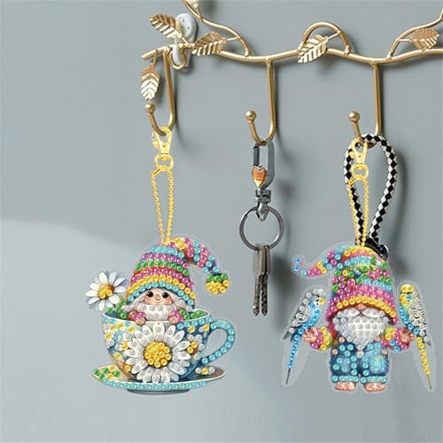 15 pcs Summer Theme Diamond Art Keychain Ornaments Double Sided 5D DIY Diamond Painting Keychain Kits for Adults Key Ring Art Pendant Decor (Gnome) - Image 3