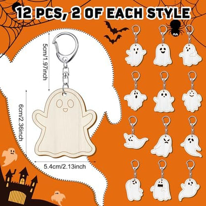 RattanView 24 Pcs Halloween Ghost Craft Keychains DIY Keychain, 12 Styles - Image 2