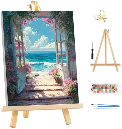 EOBROMD Framed Paint by Numbers Kits for Adults with Wooden Easel, Scenery Landscape DIY Kits Crafts for Beginner on Stretched Canvas, 3 Brushes and Acrylic Paint for Home Decor 10x14 Inch by EOBROMD