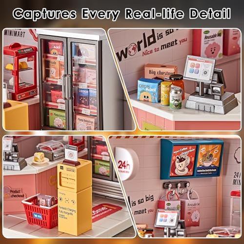 24-Hour Convenience Store DIY Miniature House Kit with Roof & LED Light, Stackable & Connectable Dollhouse Kit with Dustproof Doors, Creative DIY Crafts Building Toy Gift for Adults Teens - Image 3