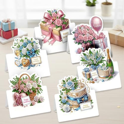 6 Packs Birthday DIY Diamond Art Greeting Cards with Envelopes Special Shaped 3D Fold Rhinestone Painting Card Handmade Gem Dots Art Kit for Beginner Adult Birthday Holiday Blessing Gift - Image 2