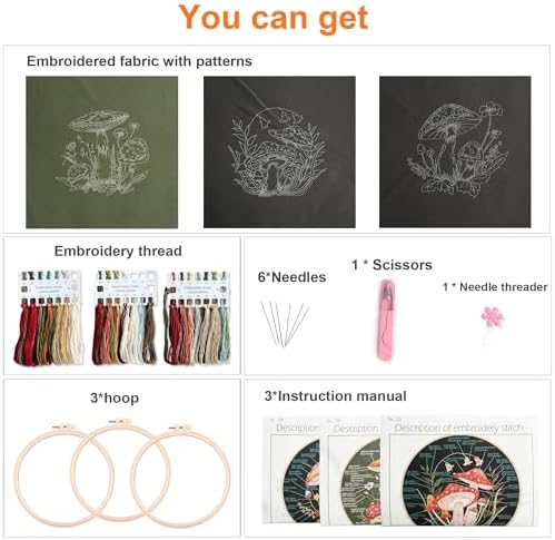 Myfelicity 3 Sets Mushroom Embroidery kit, Adult Beginner DIY Needle kit,Art Craft Handy Sewing Set - Image 2
