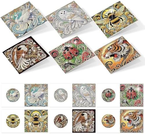 6 Pack Animal Diamond Art Greeting Cards with Envelopes, DIY 5D Diamond Painting Card Kit Featuring Phoenix Owl Bee Eagle Ladybug and Tiger, Handmade Rhinestone Craft Cards for Birthday and Holiday by AiYuanzsh