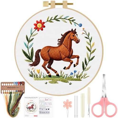 ERKOON Embroidery Kit for Beginners Adult, Cross Stitch Set Include Embroidery Cloth Hoop Threads for Craft Lover Hand Stitch with Embroidery Skill Techniques (Horse) by ERKOON