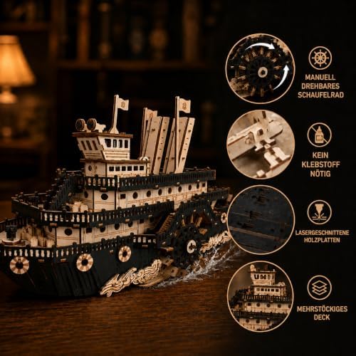3D Wooden Puzzles for Adults,Paddle Steamer Ship Model Kit, Desk Décor,Gift - Image 4