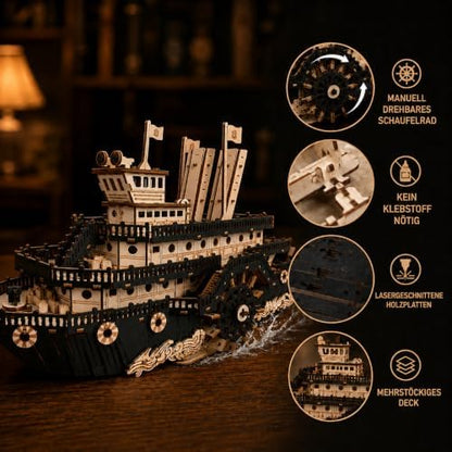 3D Wooden Puzzles for Adults,Paddle Steamer Ship Model Kit, Desk Décor,Gift - Image 4