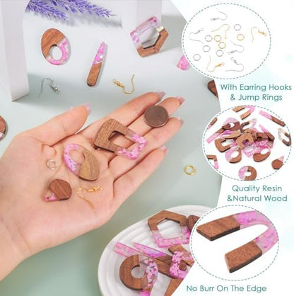 EEE ELECRELIVE 10 Pairs Wood Resin Pendants Vintage Resin Walnut Wood Charms Violet Sequins Charms Rectangle Oval Teardrop Wooden Dangle Earring Making Kit with Earring Hooks for Bohemian Jewelry - Image 2