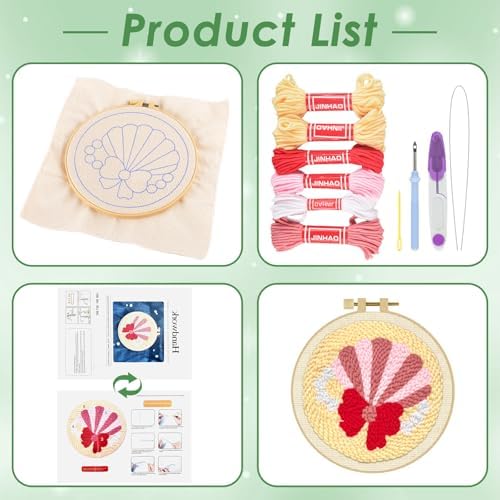 ERKOON Punch Needle Kit Adults Beginners, DIY Easy Sea Animals Embroidery Set for Starter Art Craft, Needling Punch Project with Patterns, Tools, Yarns, Hoop, Instruction (Shell) - Image 2