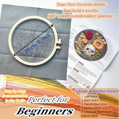 FONNUY Floral Embroidery Kit for Beginners, Colorful Flowers Pre-Stamped Pattern Kits for Adults with Hoop, Thread Needlework, 8'' Hoop (Skull) - Image 5