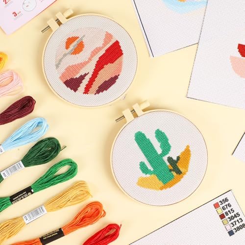 ZOIIWA 6PCS Cross Kits for Beginners DIY Embroidery Kit for Adults Boho Cross Kits Christmas Birthday Gift Abstract Landscape Needlepoint Patterns with 2 Embroidery Hoops Craft Supplies - Image 5