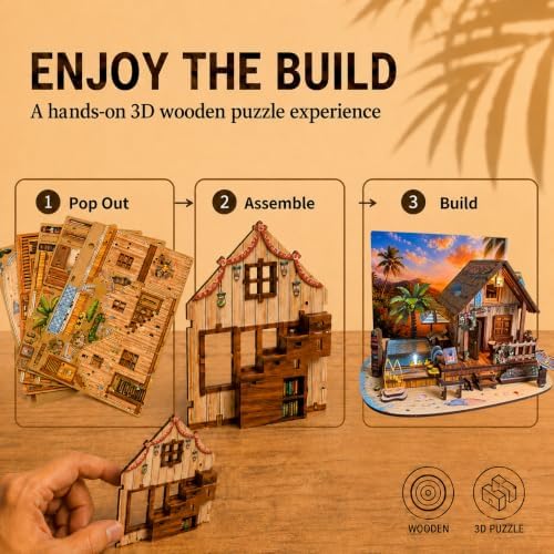 LED 3D Wooden Puzzle for Adults, DIY Miniature Hawaiian Beach House,Decor - Image 2