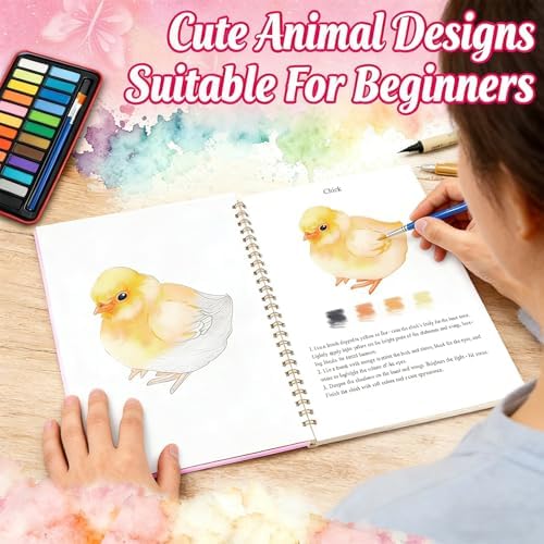 Watercolor Workbook for Beginners - 24 Colors Paint Set & Coloring Book, All-in-One Watercolor Painting Kit, Artistic Exploration Gift for Adults and Teens (Animals) - Image 4