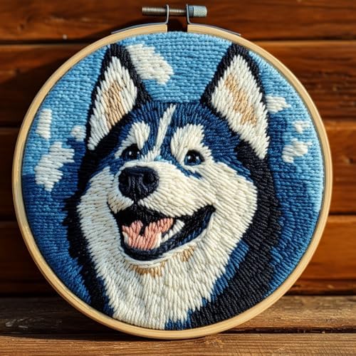 DIY Punch Needle Kits Cute Husky Dog with Hoop 20x20cm-1 by Unknown