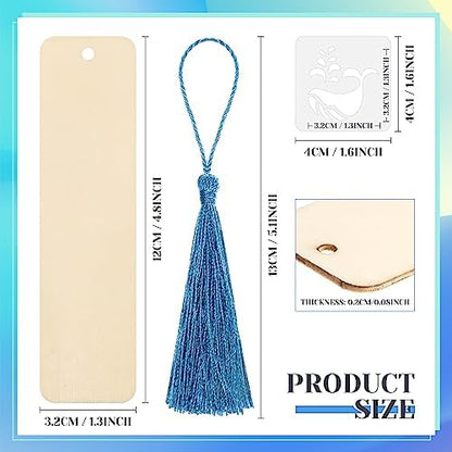 TaoBary 92 Pcs 4.8 x 1.3 Inch Ocean Wood Bookmark Making Kit Includes 36 Unfinished Blank Bookmarks 36 Tassels 20 Templates, Back to School DIY Painting Craft for Home Class Holiday Teachers Gift - Image 2