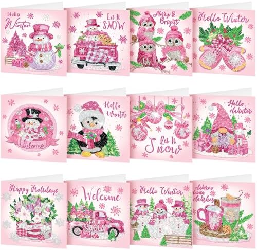 Saillong 12 Pack Pink Winter Diamond Painting Greeting Card Kits Winter Diamond Art Cards with Envelopes Snowman 5D Rhinestones Painting Making Kits for Adults DIY Craft Family Friend Holiday Gifts by Saillong