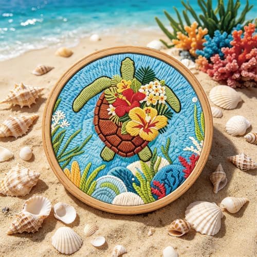 BEUNITONE 2PCS Punch Needle Kits with Sea Turtle Pre-Print Pattern Easy for Beginners, DIY Craft Embroidery Needlepoint Kits for Adults with Hoop Punch Needle Set for Craft Lovers Home Decor 7.9x7.9 - Image 5