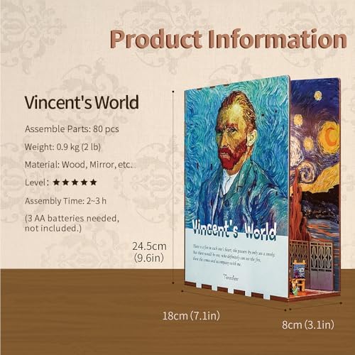 Tonecheer DIY Book Nook Kit for Adults,3D Wooden Puzzle Bookend Bookshelf Insert Library Decor, Booknook Miniature House Kit with Body Motion Sensor LED Light (Vincent's World) - Image 3