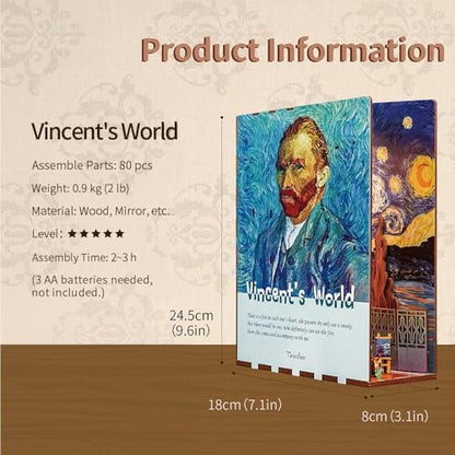Tonecheer DIY Book Nook Kit for Adults,3D Wooden Puzzle Bookend Bookshelf Insert Library Decor, Booknook Miniature House Kit with Body Motion Sensor LED Light (Vincent's World) - Image 3