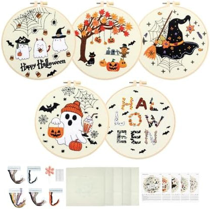 ElasignShopo 5 Sets Halloween Embroidery Kit for Adult Beginners Pumpkin Bat Embroidery Starter Kit Halloween Cross Stitch Kits Needlepoint Kits Includes Instruction 2 Hoops Color Threads Needles by Elasign