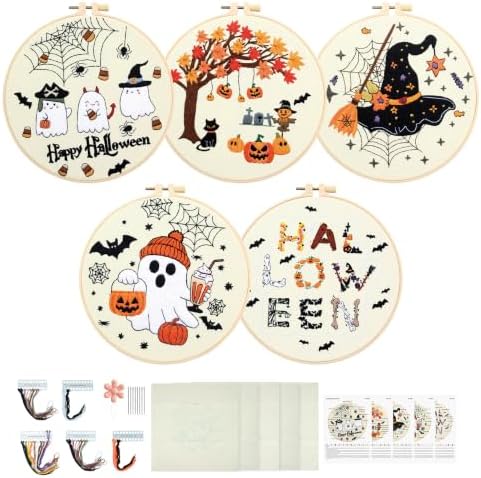 ElasignShopo 5 Sets Halloween Embroidery Kit for Adult Beginners Pumpkin Bat Embroidery Starter Kit Halloween Cross Stitch Kits Needlepoint Kits Includes Instruction 2 Hoops Color Threads Needles by Elasign