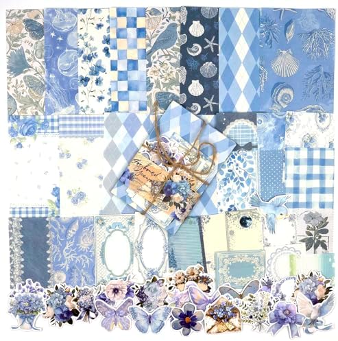 OKUPAN Scrapbook Supplies Kit – 100PCS Vintage Cottagecore Floral Scrapbook Paper & Stickers, 4 Sizes Pastoral Scrapbooking Supplies for Journaling, Card Making & DIY Gifts (Blue) by DecorateYourWorld