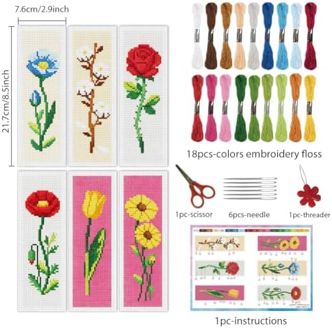 INFUNLY 6PCS Cross Stitch Bookmark Kit for Adults Rose Tulip Stamped Embroidery Bookmark Kit with Backing Felt Floss Instruction for Book Lovers Readers - Image 2