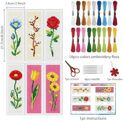 INFUNLY 6PCS Cross Stitch Bookmark Kit for Adults Rose Tulip Stamped Embroidery Bookmark Kit with Backing Felt Floss Instruction for Book Lovers Readers - Image 2