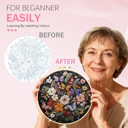 Huacan Embroidery Kit for Beginners Adults Includes Stamped Flowers Butterfly Pattern, Hoop, Color Threads,Tools,Easy to Follow Instruction - Image 3