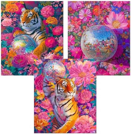 sdfkmlcdl Trendy Retro Disco Ball Tiger Diamond Art Kits for Adults, Maximalist Pink Flower Tiger Full Drill Diamond Painting Kits for Adults Beginners 3 Pack, 9.8x11.8 Inch by Unknown