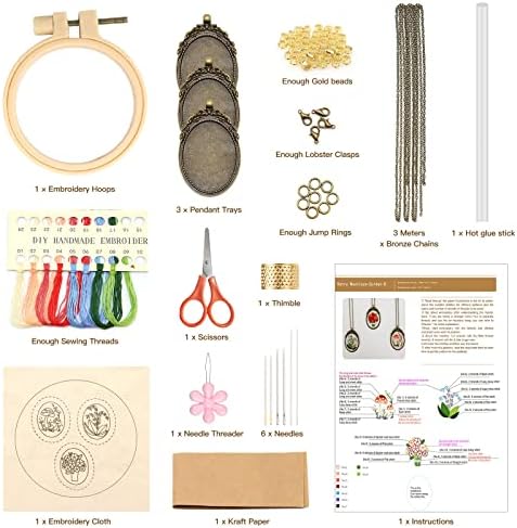 ZOCONE 3 Packs Embroidery Necklace Kit, Embroidery Pendant Kits Mini Cross Stitch Kit with Hoop, Necklace, Pendant, Beads, Stamped Pattern Cloth, Instructions, etc., Embroidery Kits for Adults - Image 2