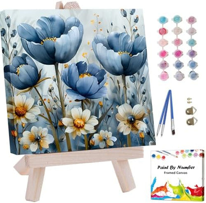 Artunion Framed Paint by Numbers Kit for Adults Beginners & Kids Ages 8-12,Blue Flower Paint by Number with Frame,Floral Paint by Numbers Kit on Canvas 10 * 10 Inch Without Easel by ArtunionDriect